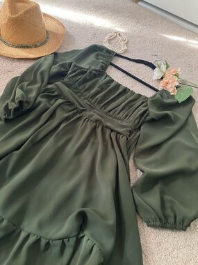 SHEIN Olive Green Midi Dress with Puff Sleeves